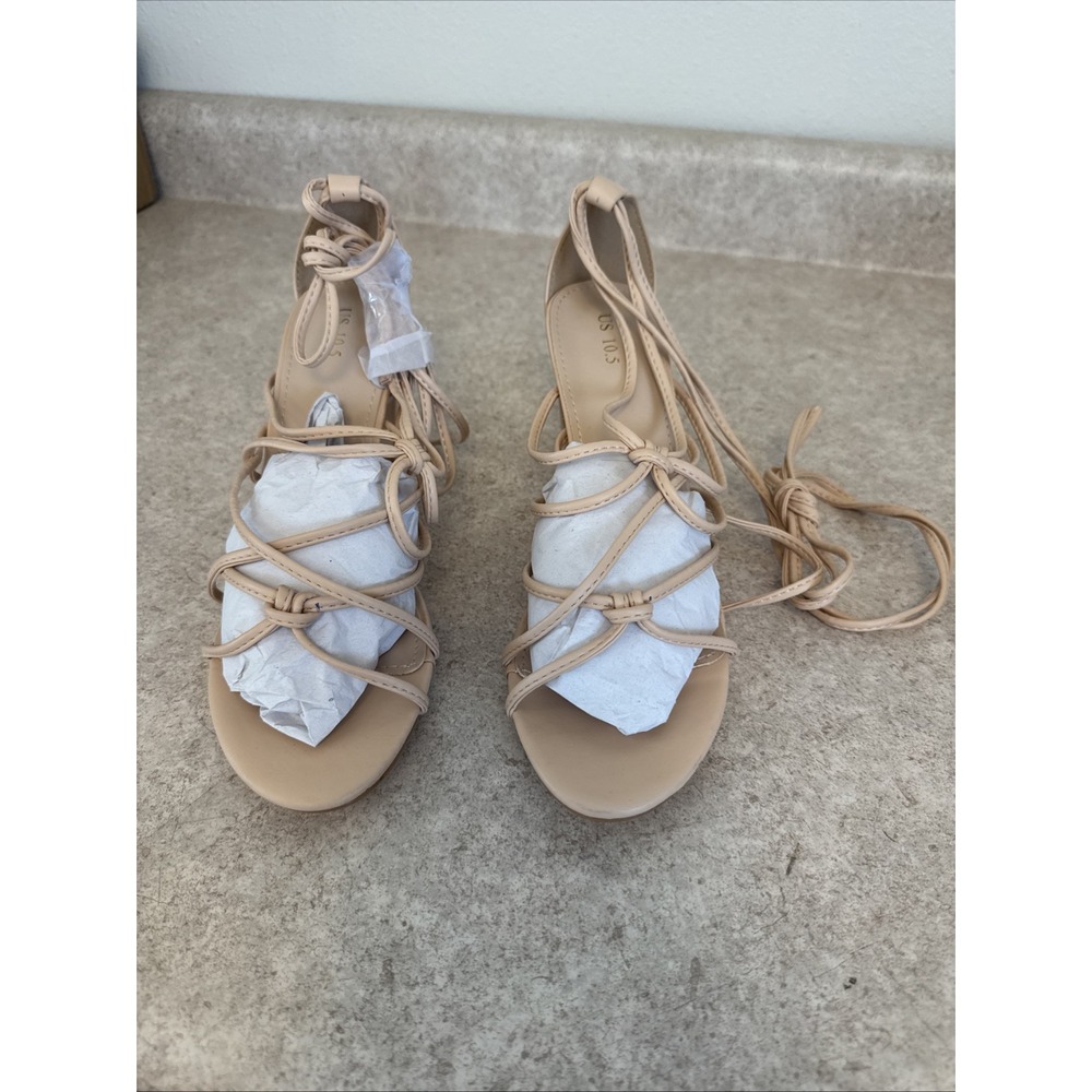 Lace Up Block Heels Sandals Women’s Size 10.5 Nude Strappy‎ Ankle Tie Shoes